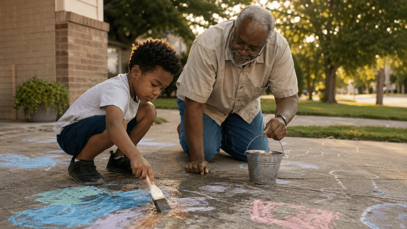 Grandfather and child painting sidewalk chalk with water outside