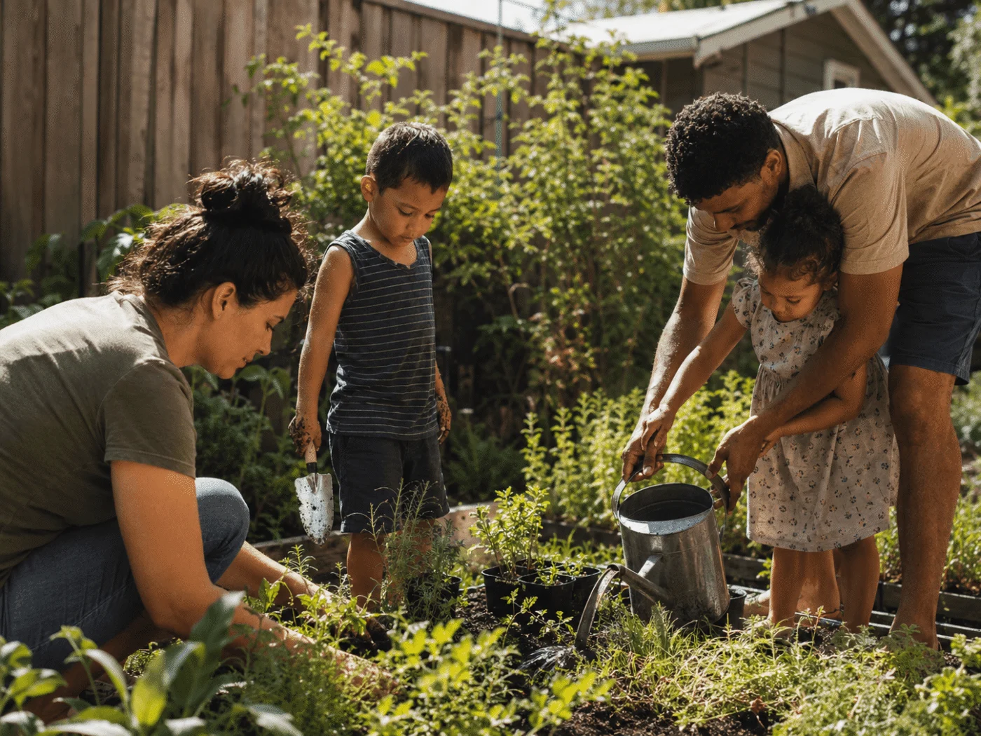 Family gardening outside with two kids during a screen-free summer activity