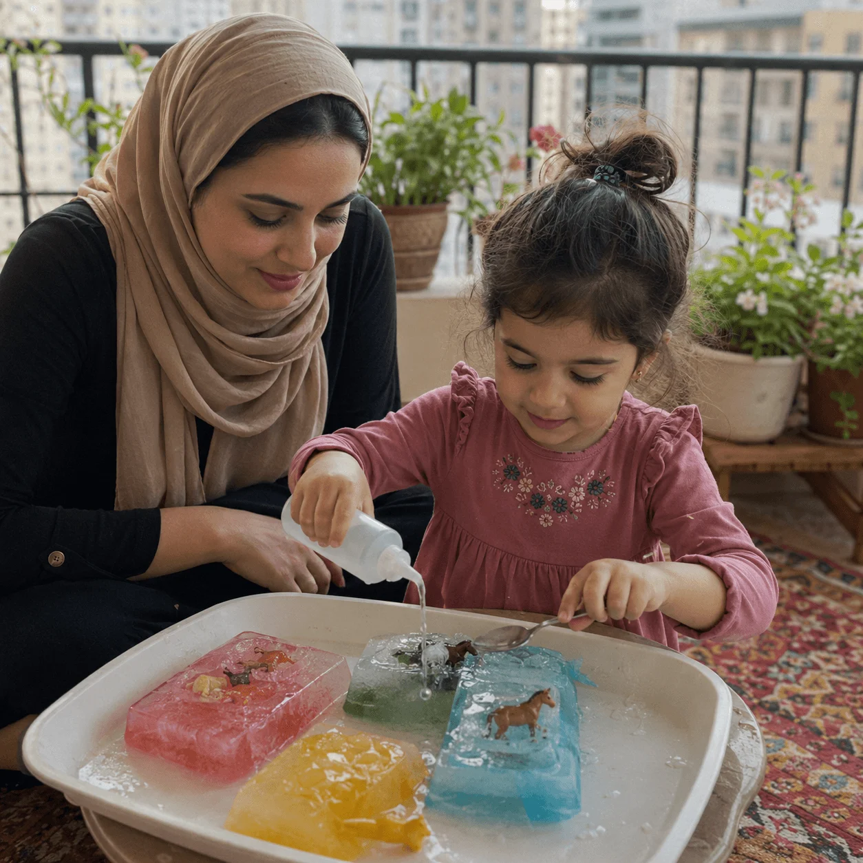 Mother and daughter doing ice sensory play on a balcony with plants nearby