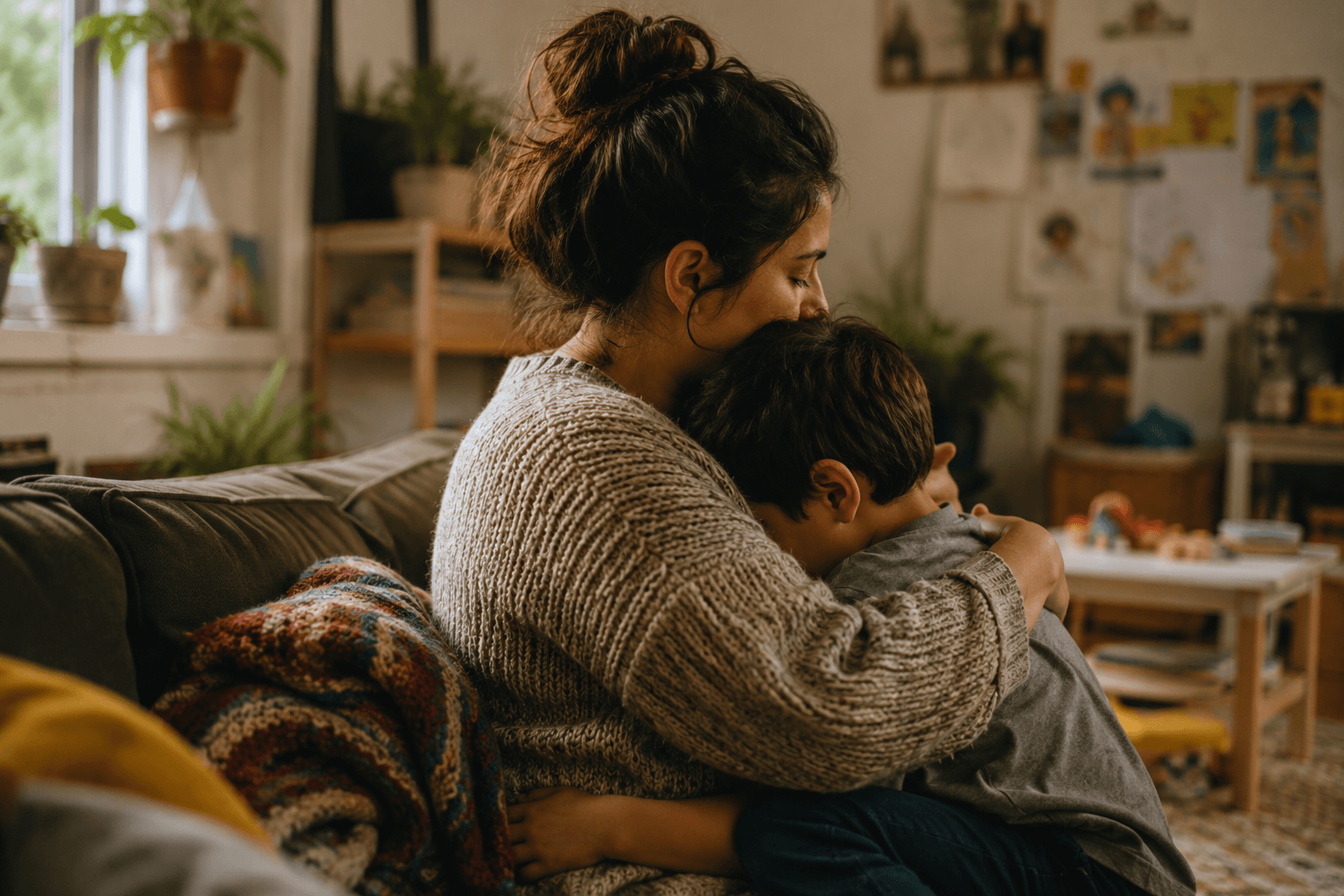 A mother and her young son sit close together on the couch in a warm hug after a difficult day