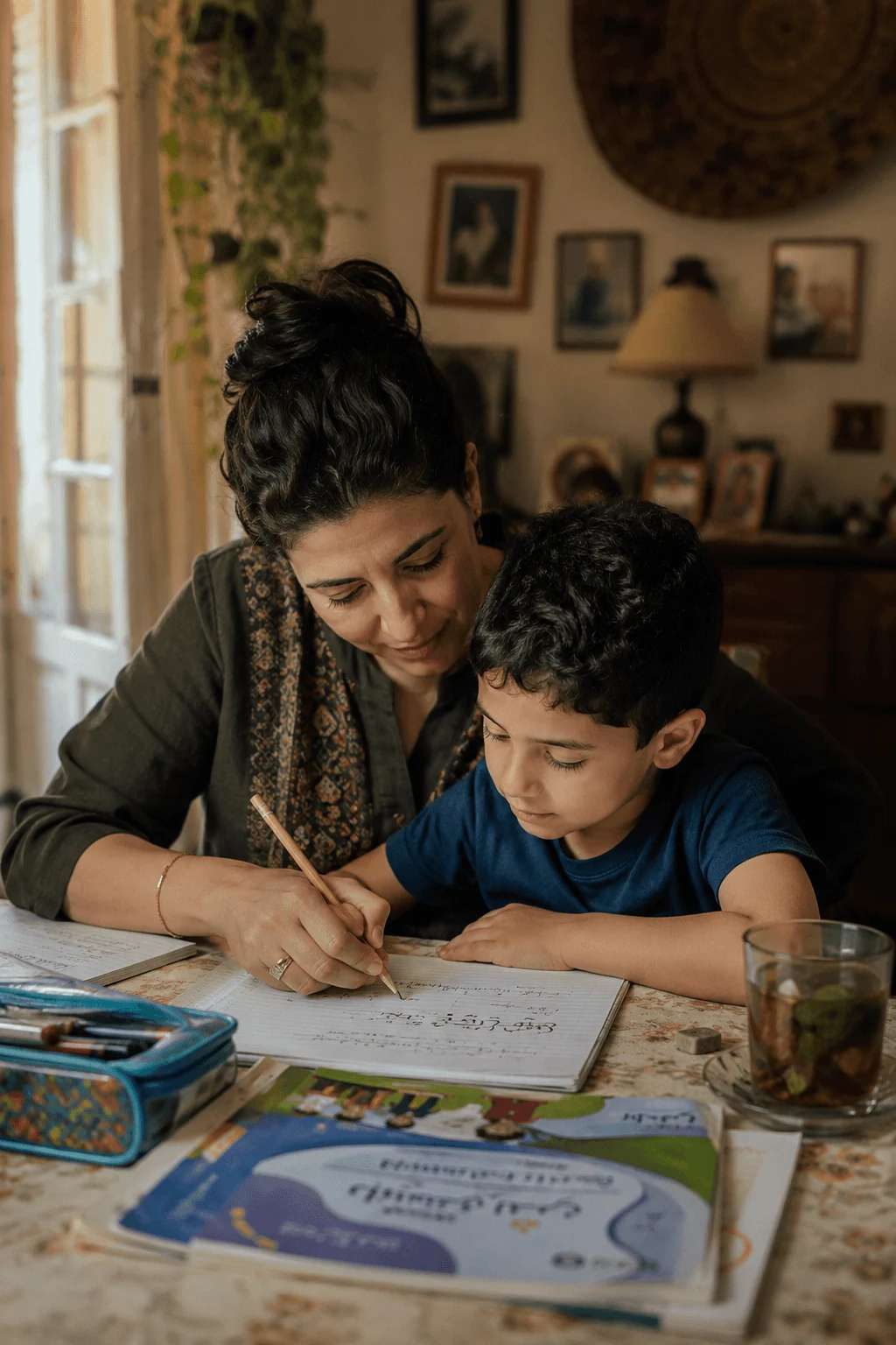 A Middle Eastern mother sits close and guides her son through writing practice at the kitchen table