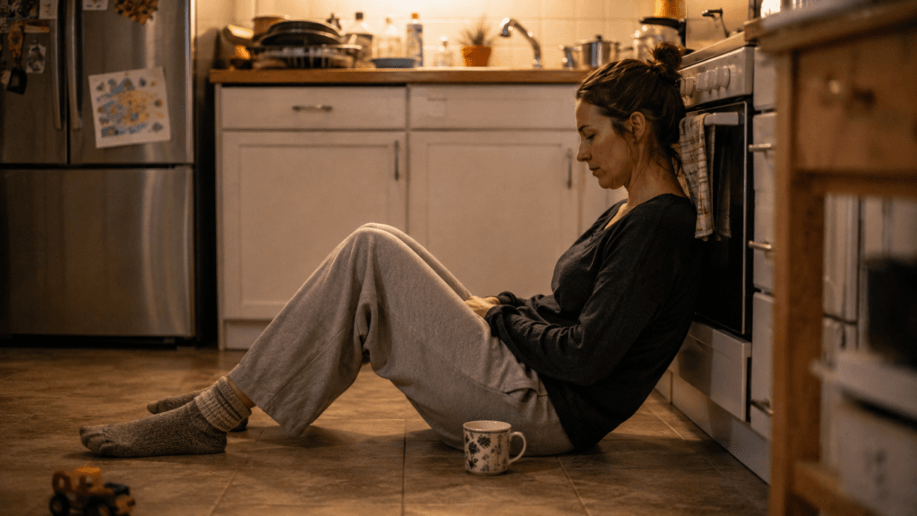 A parent sits alone on the kitchen floor late at night, leaning against the oven with a phone in hand, worn out after a long day