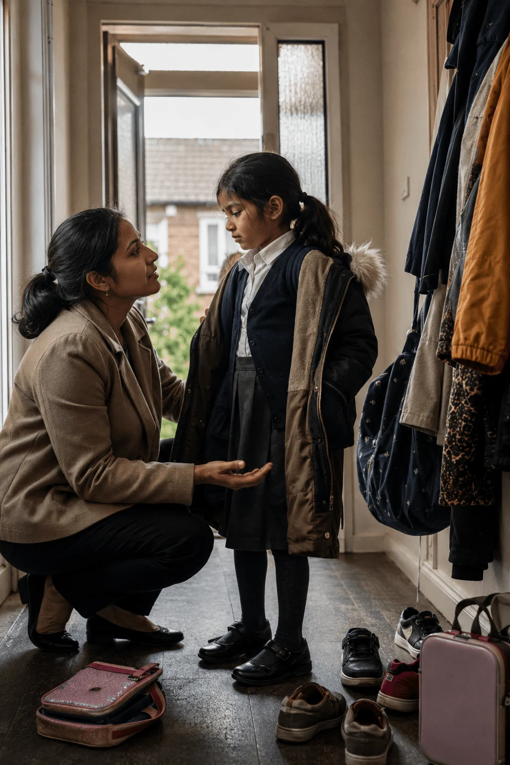 A South Asian mother kneels to eye level and talks gently with her uniformed daughter in the hallway before school