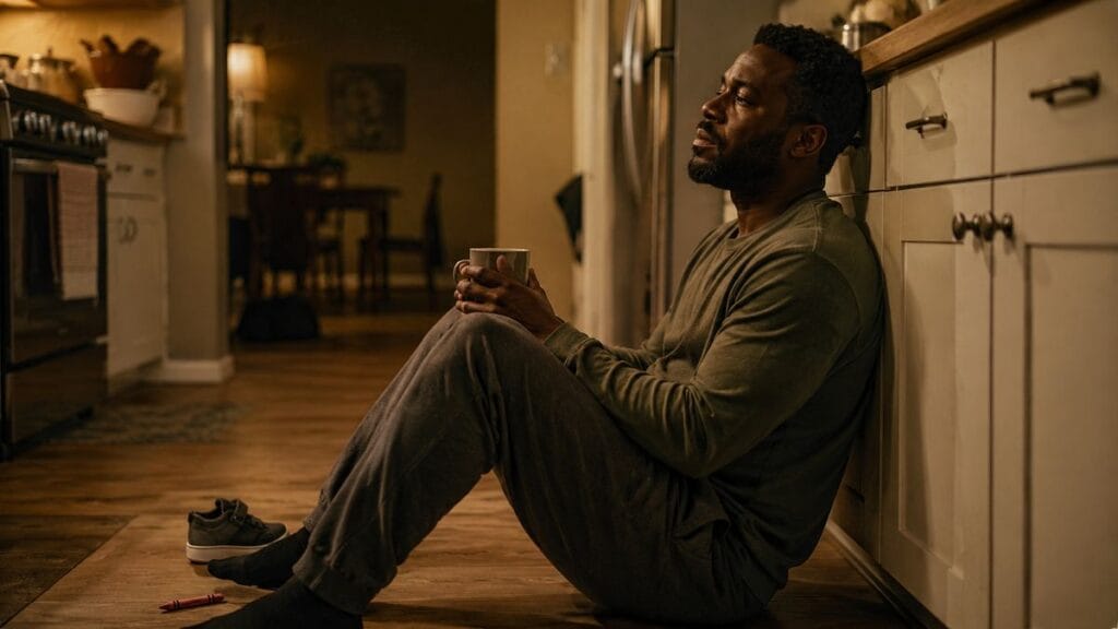 A tired father sits on the kitchen floor at night holding a mug after a hard evening with his child