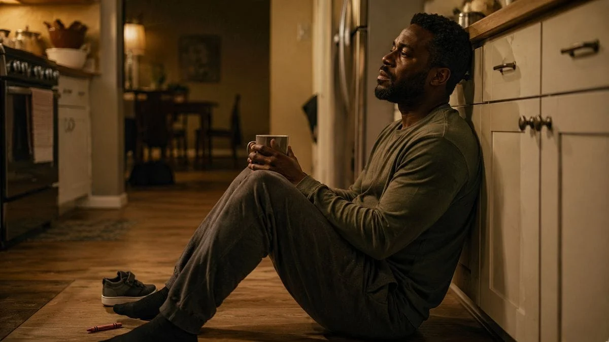 A tired father sits on the kitchen floor at night holding a mug after a hard evening with his child