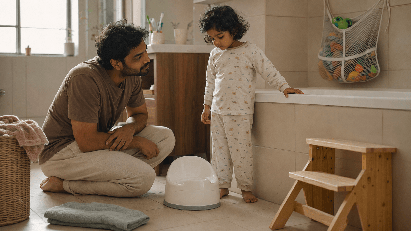 A toddler stands beside a small potty training seat in the bathroom looking down at it uncertainly, a parent crouched nearby at the child's eye level, calm and patient, not pushing