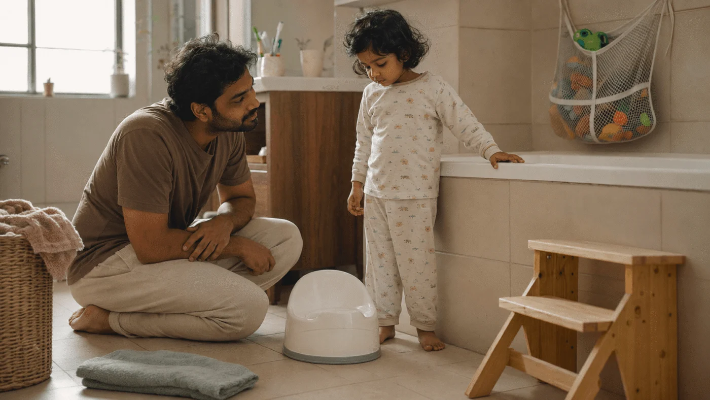 A toddler stands beside a small potty training seat in the bathroom looking down at it uncertainly, a parent crouched nearby at the child's eye level, calm and patient, not pushing