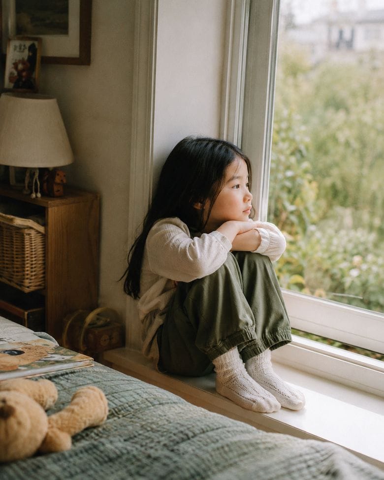 A young girl sits quietly on a window seat, chin on her knees, looking out in a thoughtful moment