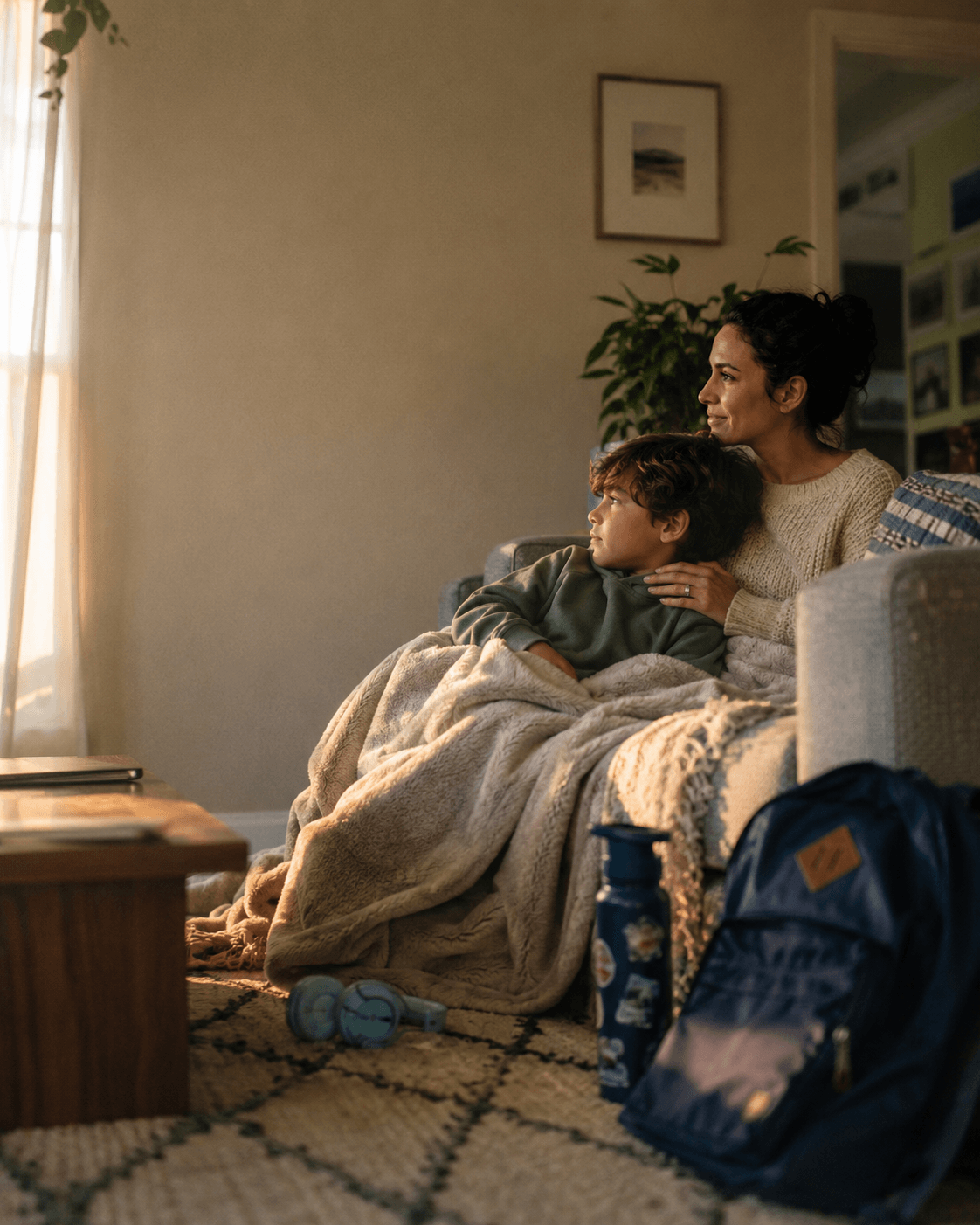 Mother and son resting together under a blanket on a couch in soft afternoon light