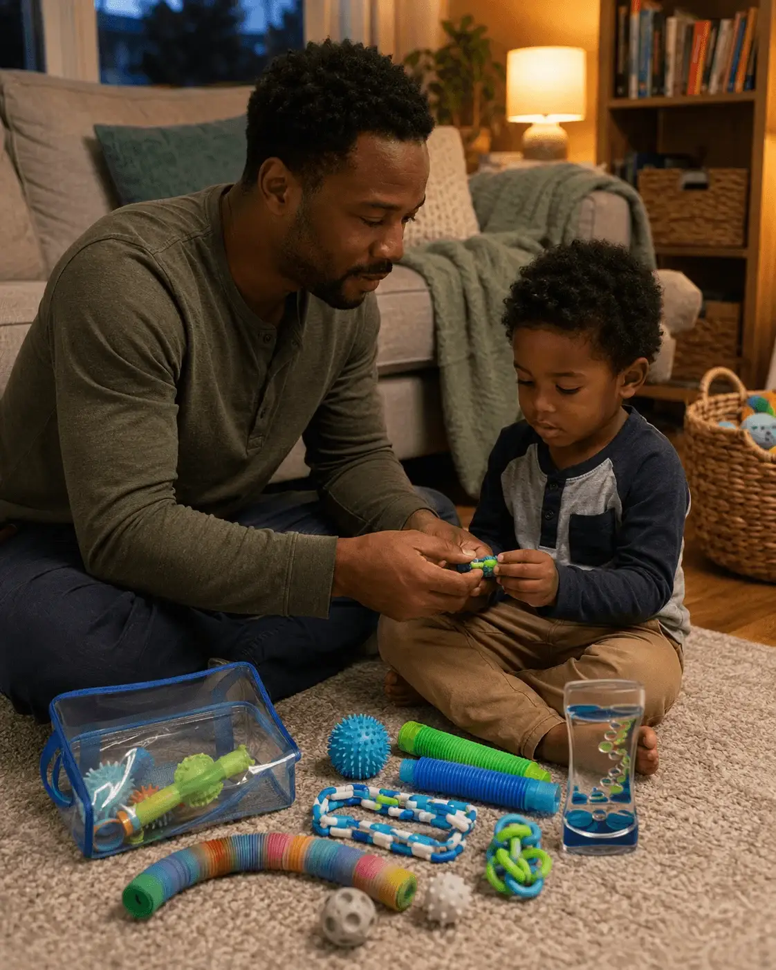 Father and young son sitting on a living room rug exploring pop tubes, spiky balls and a liquid timer from a small sensory kit