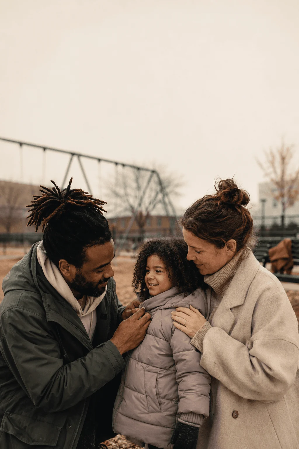 Two parents zipping up their daughter's puffer coat at a playground on an overcast fall day