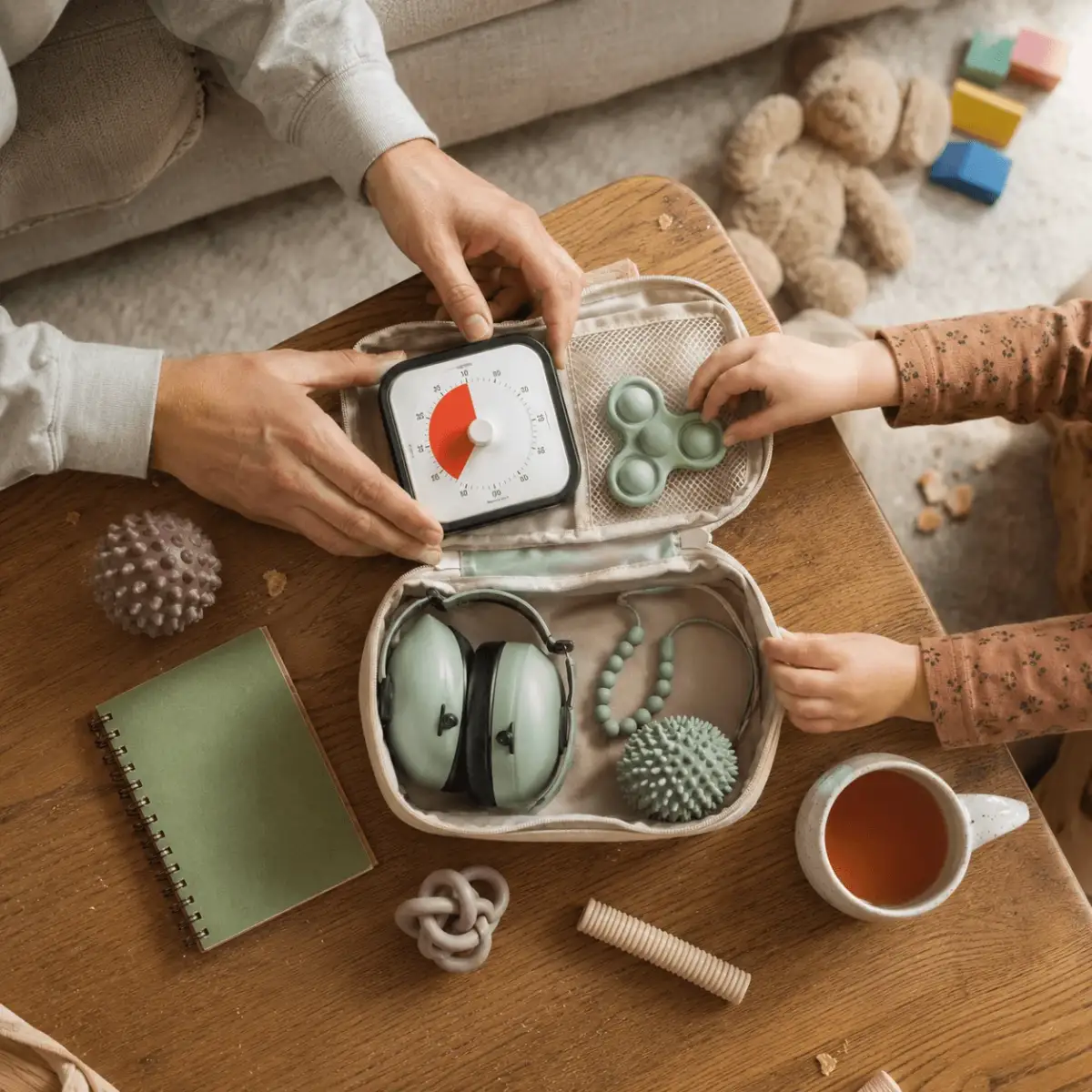 Overhead flat-lay of a sensory kit with a visual timer, ear defenders, chew necklace, popper and textured balls beside a cup of tea