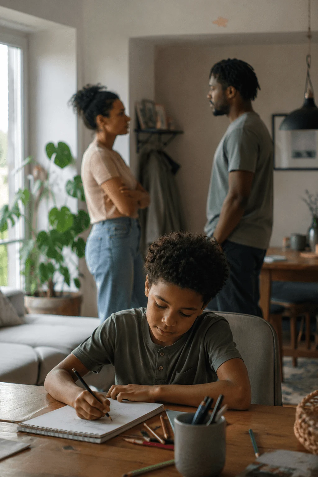 A Black family at home, the parents in a tense standing conversation as their son draws at the dining table