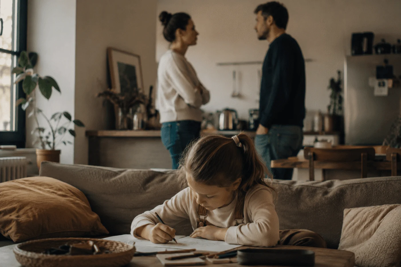A young girl draws on the sofa while her parents stand apart in the kitchen behind her, arms crossed