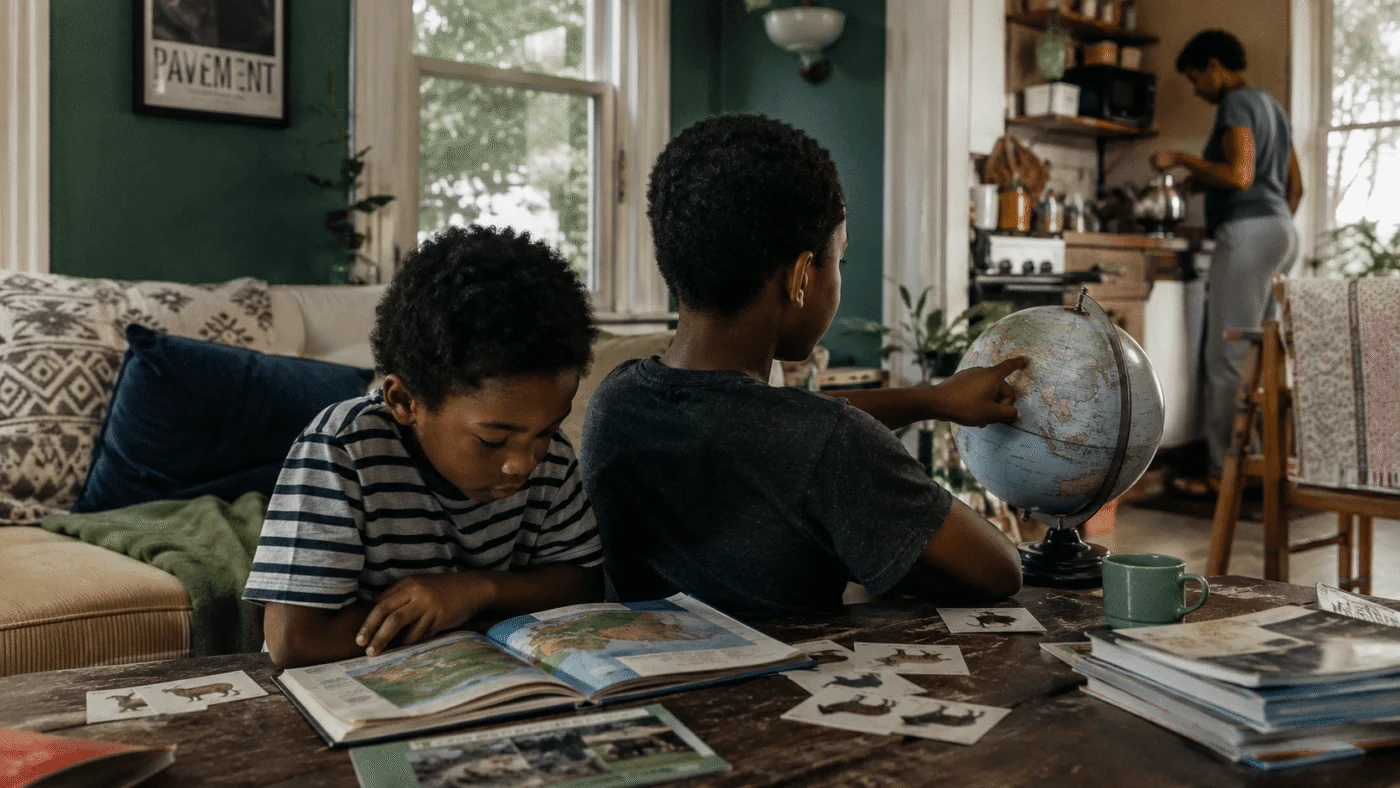 Two brothers lean over a globe and an atlas together at the kitchen table while their mother makes tea in the background