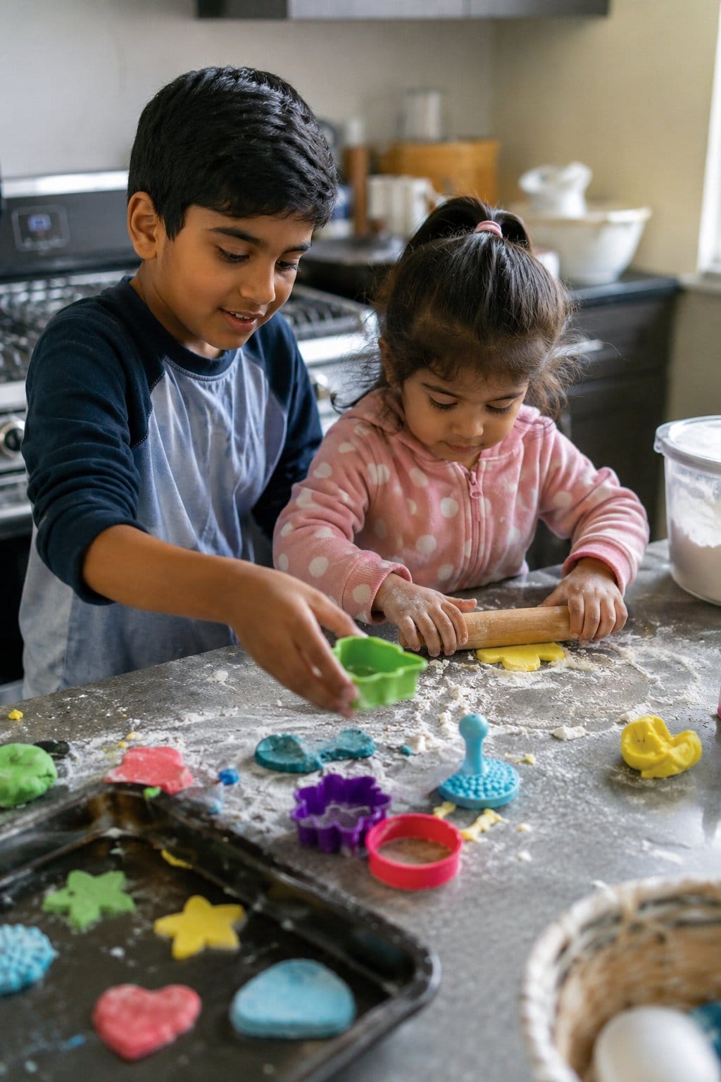 Two children use playdough and cookie cutters at a kitchen counter as a quiet body reset activity