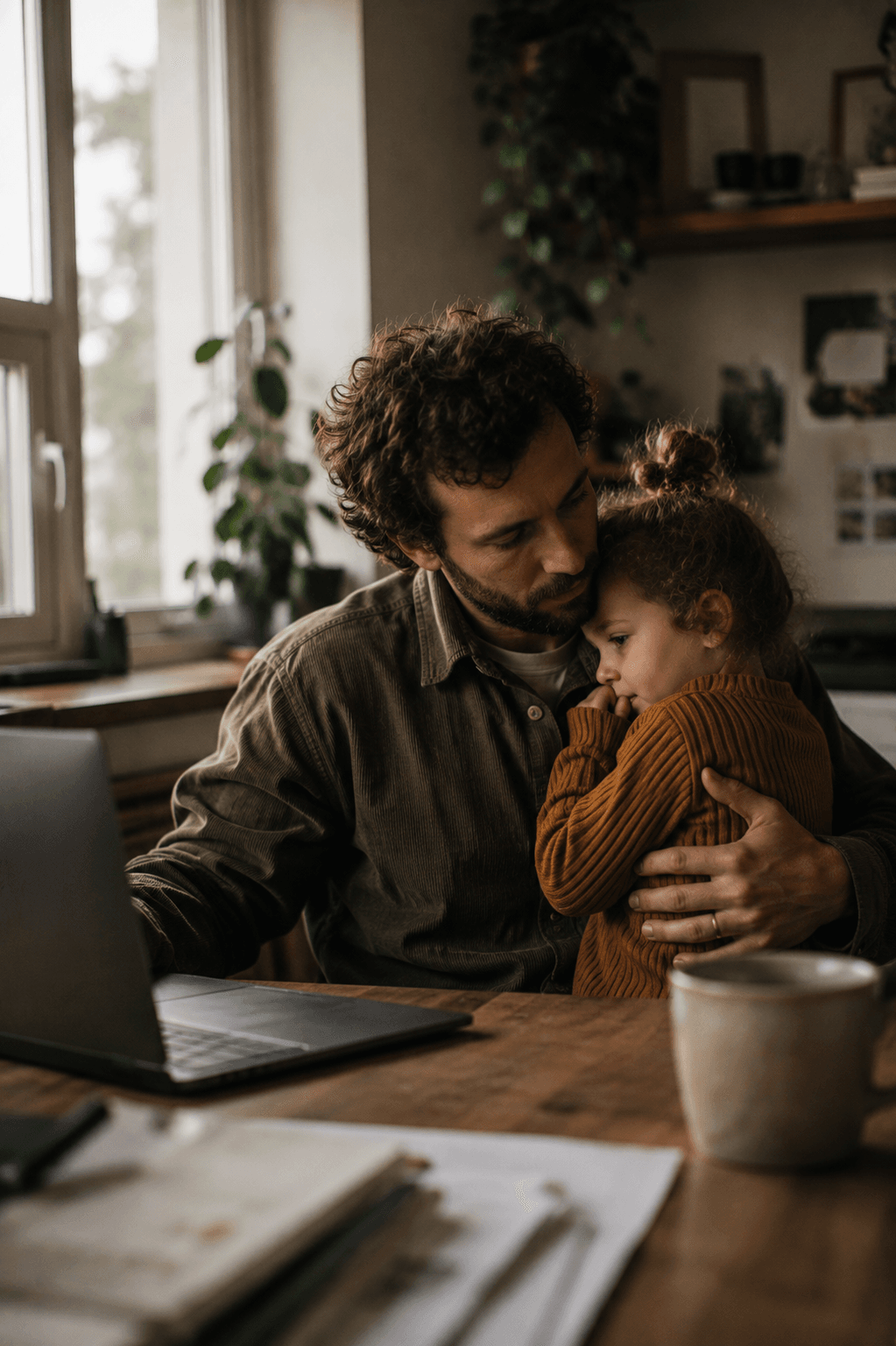A father sits at a kitchen table with a laptop and papers, tenderly hugging his toddler daughter who leans into him