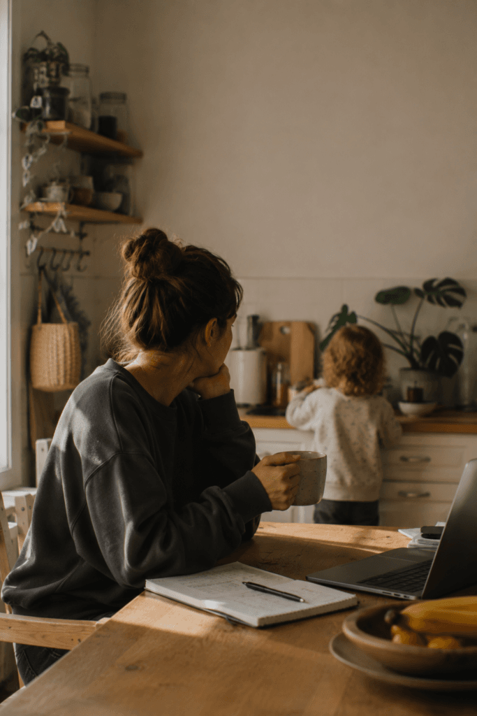 A parent sits at the kitchen table with a laptop and notebook, holding a mug and looking thoughtfully into the distance, a toddler visible in the background