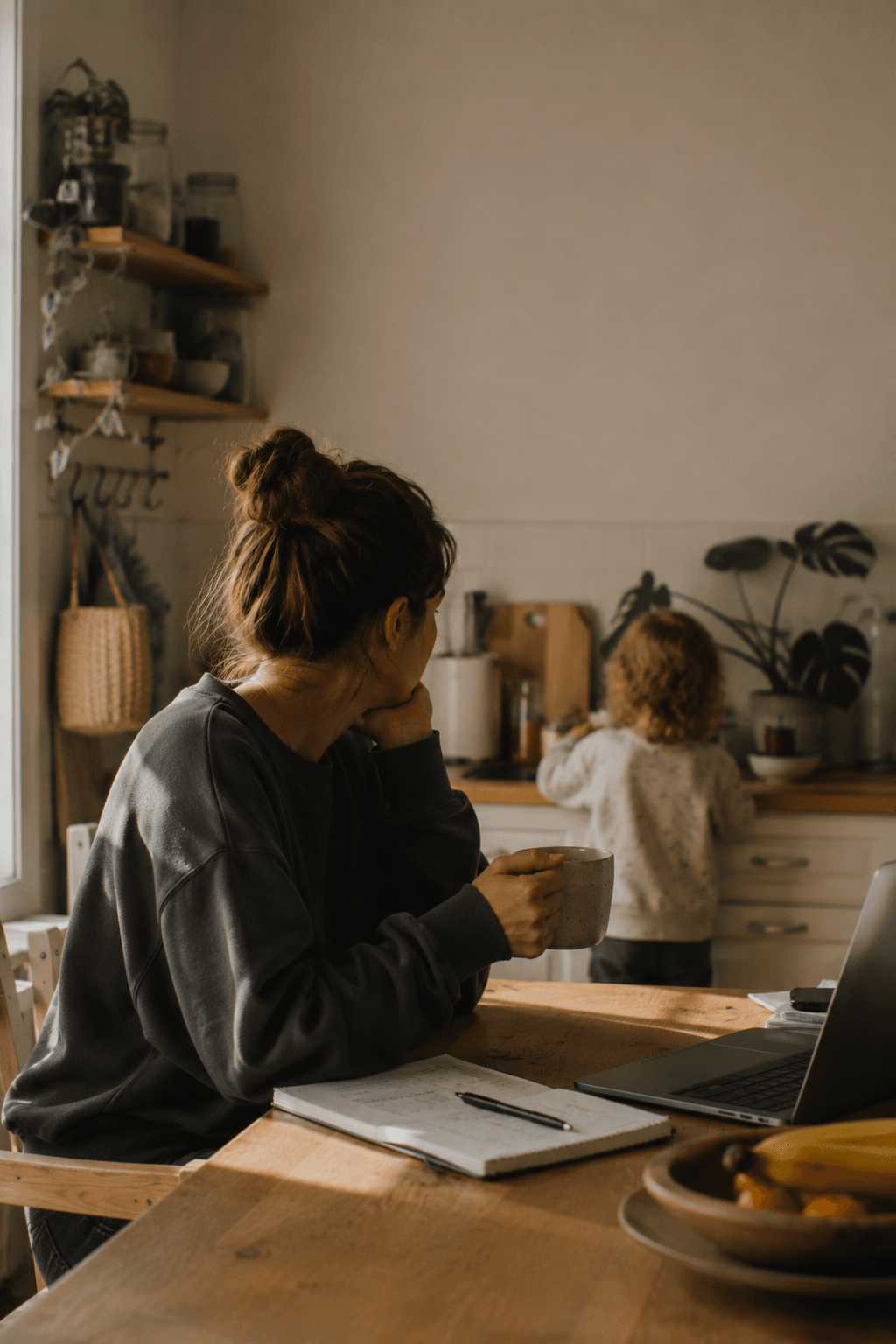 A parent sits at the kitchen table with a laptop and notebook, holding a mug and looking thoughtfully into the distance, a toddler visible in the background