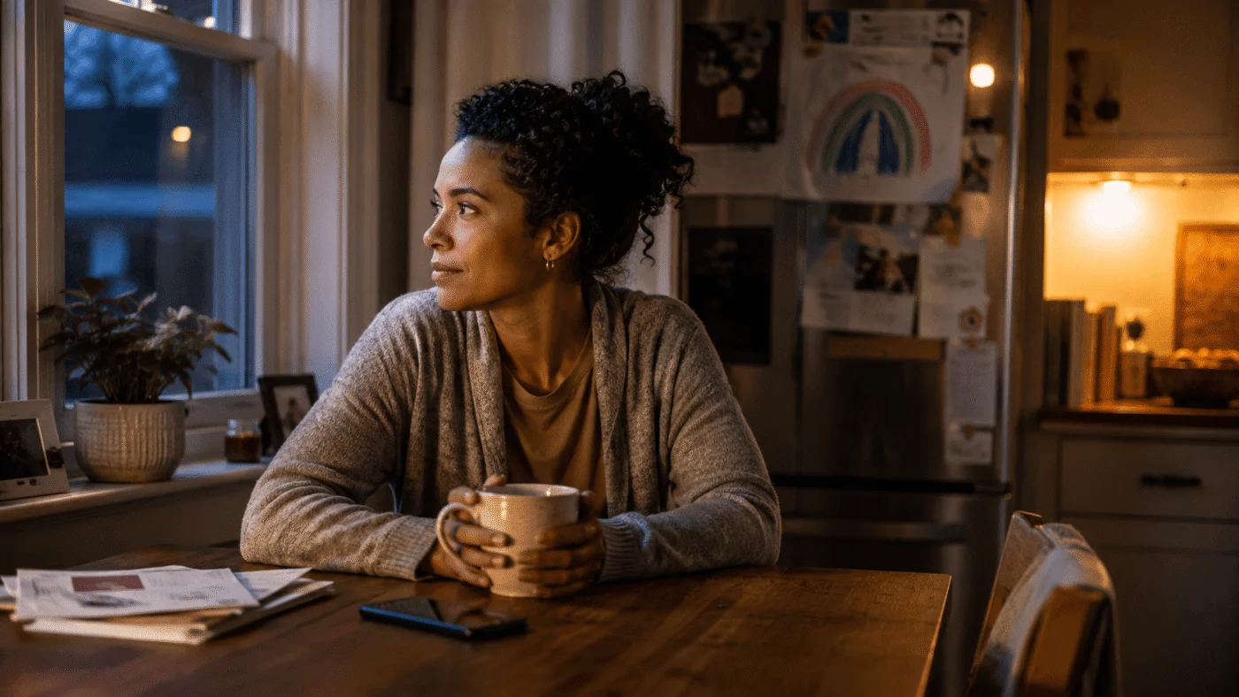 A single parent sits alone at the kitchen table in the evening, phone face-down nearby, looking thoughtful rather than upset