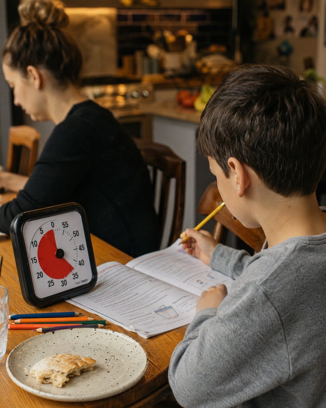 Child doing homework at the kitchen table with a visual timer while mom stays nearby