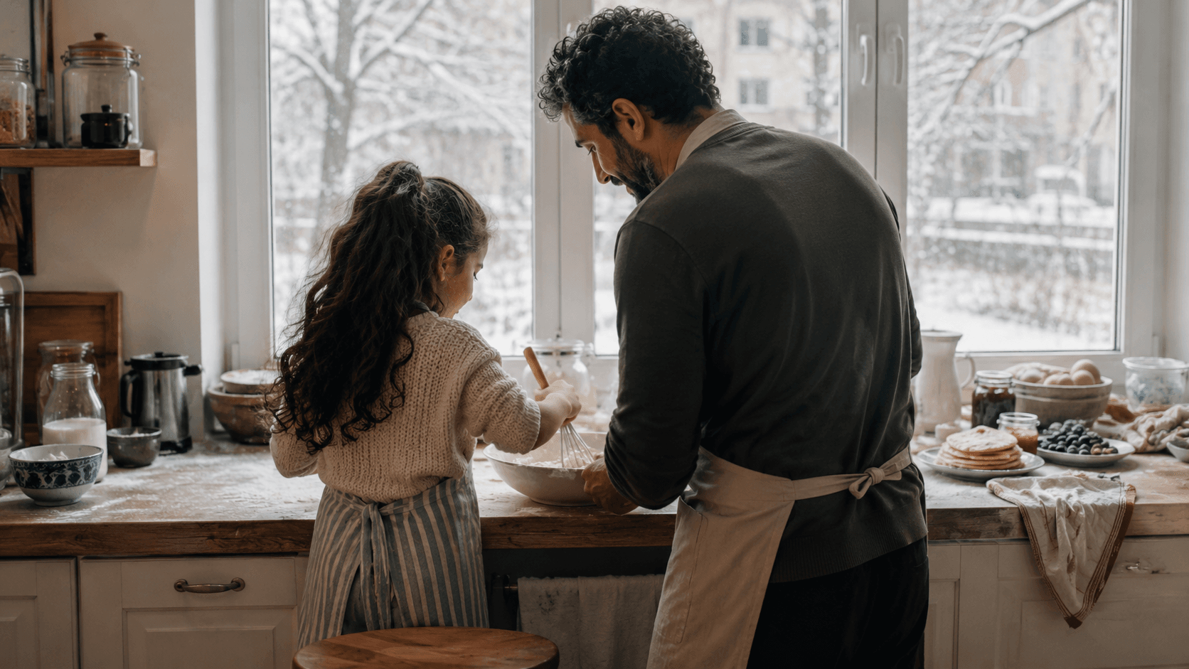 Father and daughter baking in a warm kitchen while snow falls outside the window