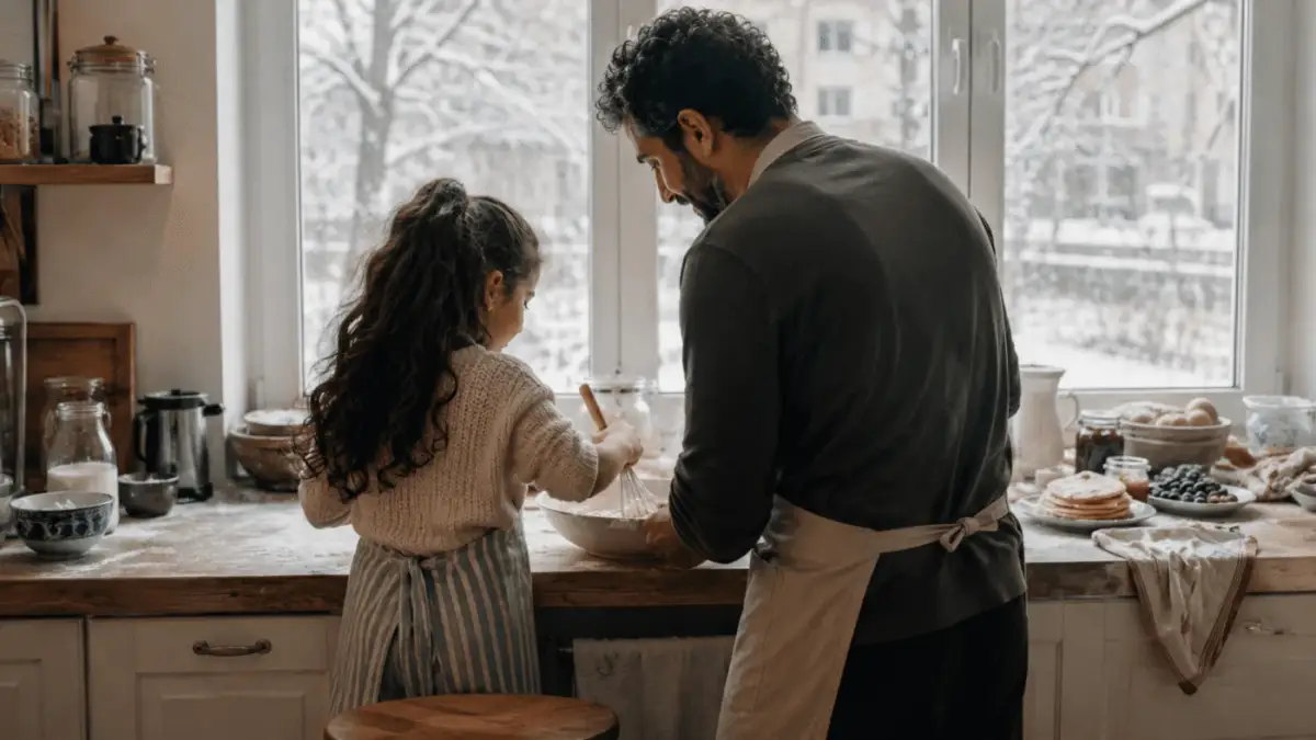 Father and daughter baking in a warm kitchen while snow falls outside the window