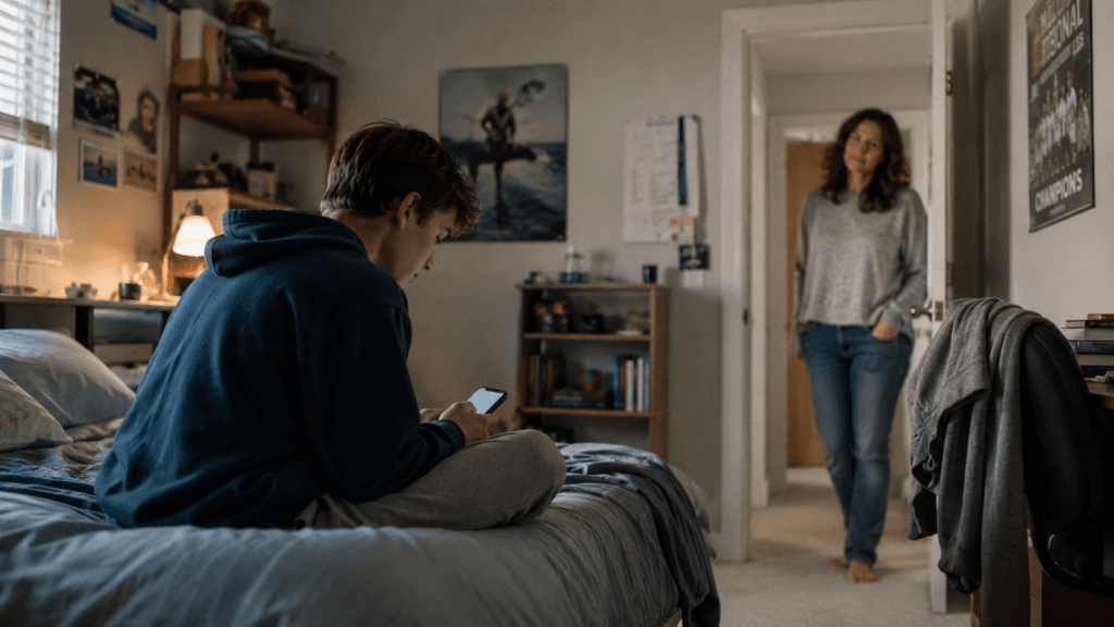 A mother stands in a bedroom doorway at night watching her teenage son look at a smartphone in bed, illustrating the decision of what age to give a child a phone