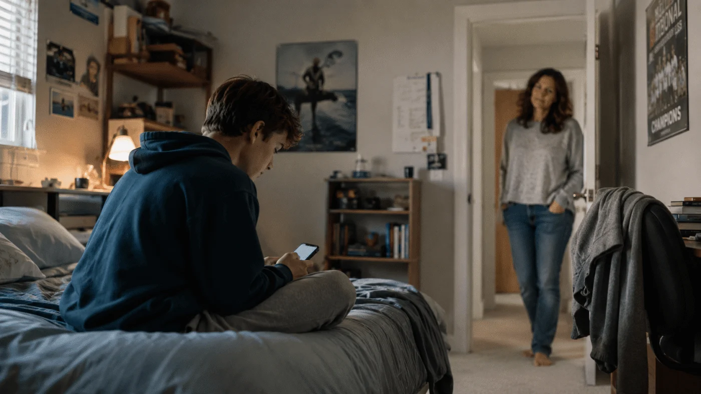 A mother stands in a bedroom doorway at night watching her teenage son look at a smartphone in bed