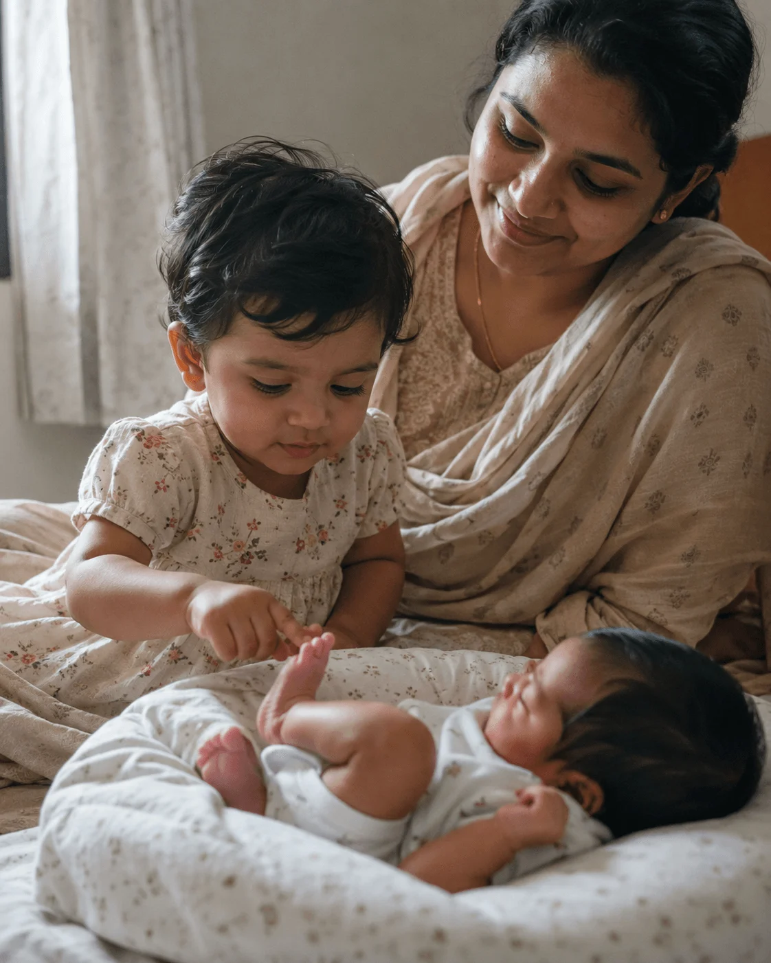 A toddler gently touches her newborn siblings foot with one finger while their mother sits close by, smiling and watching