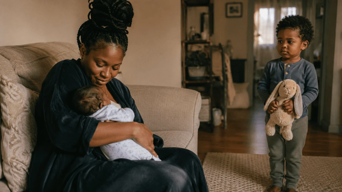 A mother sits on a sofa cradling her newborn while her toddler son stands a few steps away holding a stuffed rabbit, quietly watching them