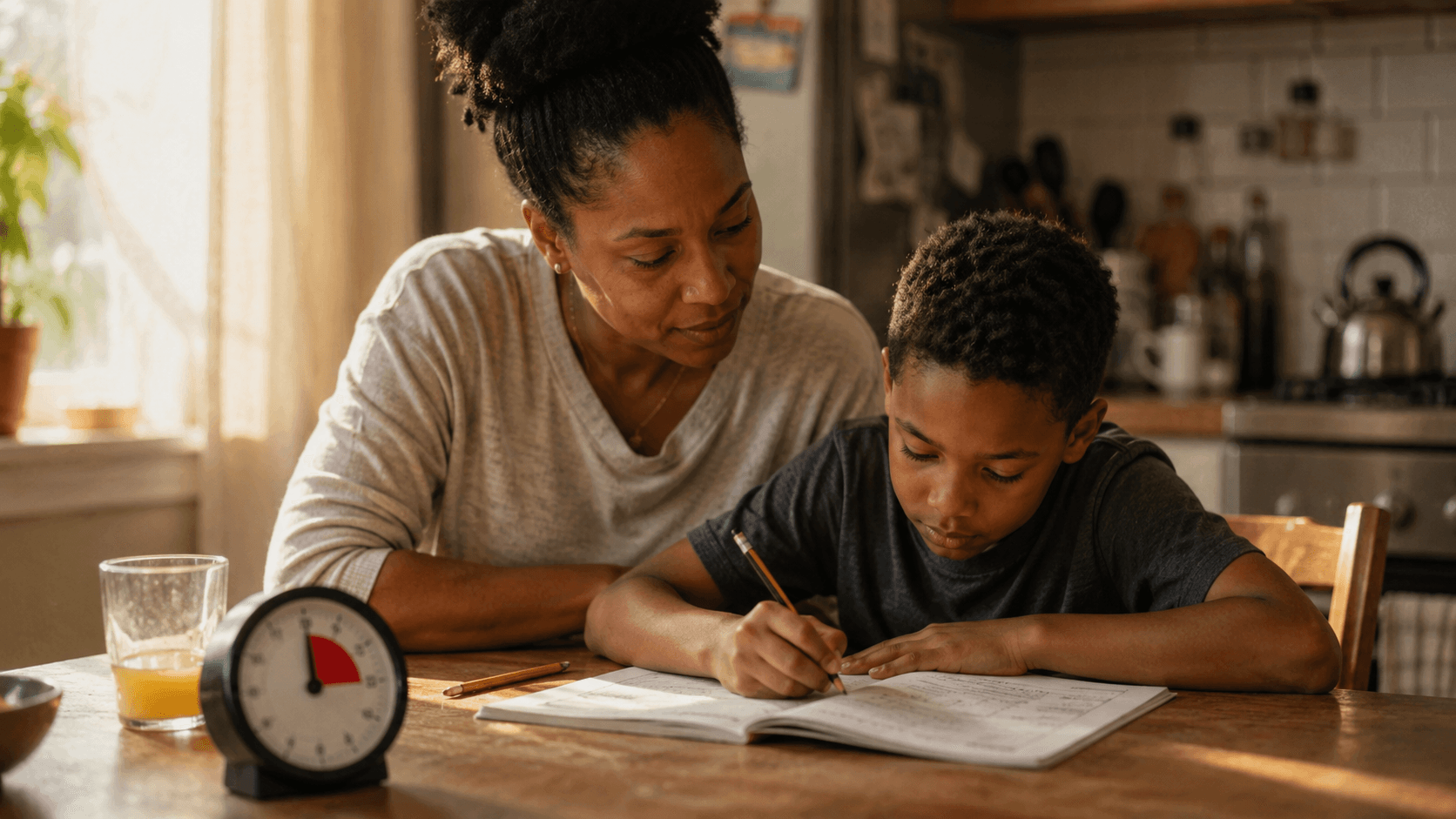 Mother sitting beside her son at a kitchen table as he writes in a workbook next to a visual timer