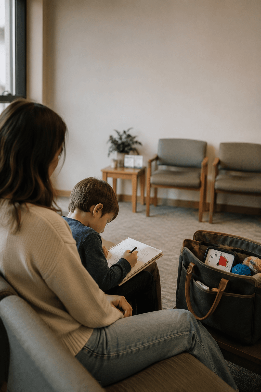 Young boy drawing intently in a sketchbook while sitting with his mother in a quiet clinic waiting room