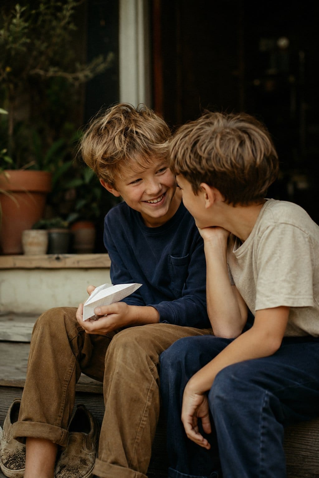 Two boys sitting on a porch during a calm friendship moment