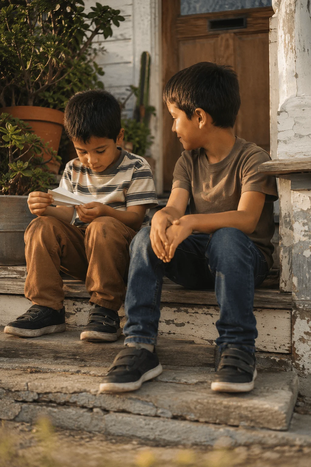 Two brothers sit together on the front porch steps in golden evening light, launching a paper aeroplane
