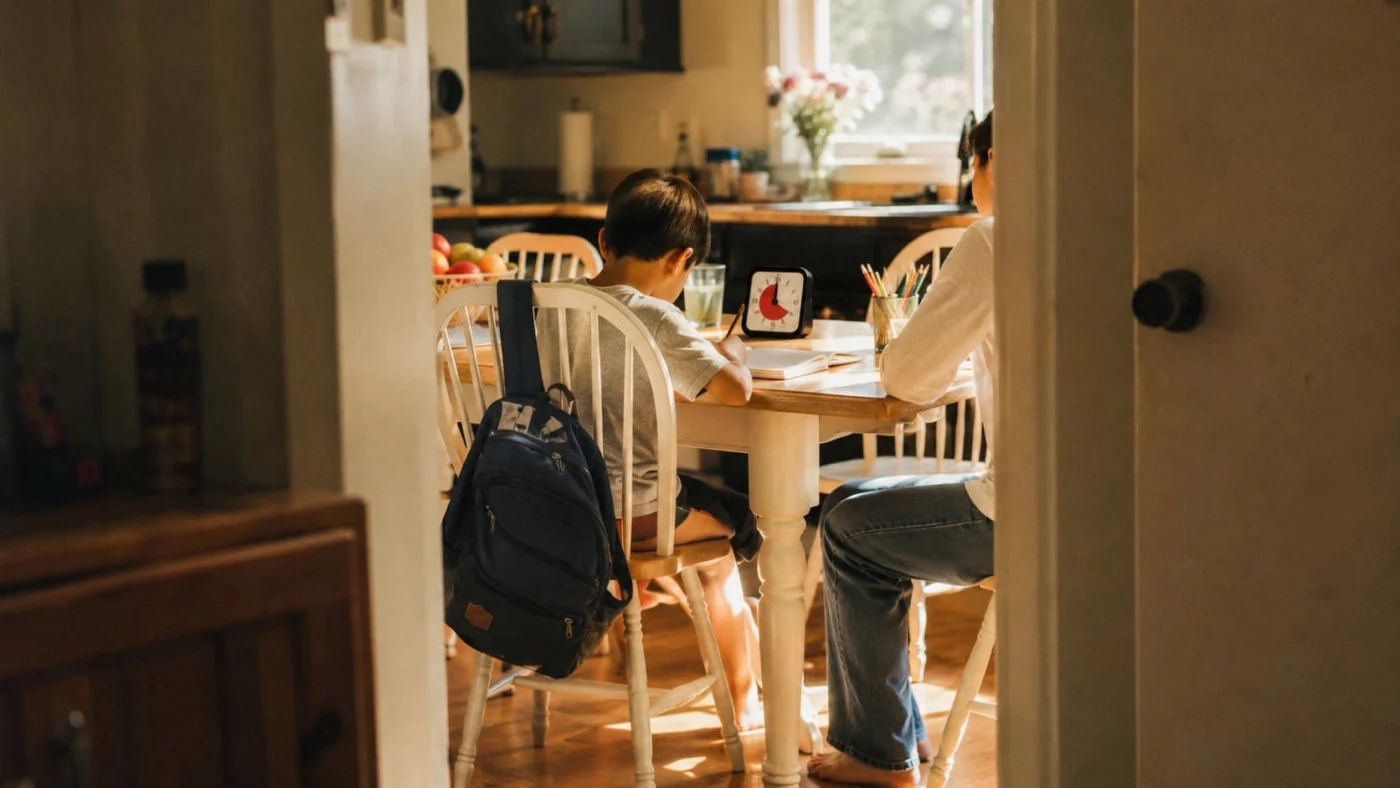 Two kids doing homework at a kitchen table with a visual timer and backpack nearby