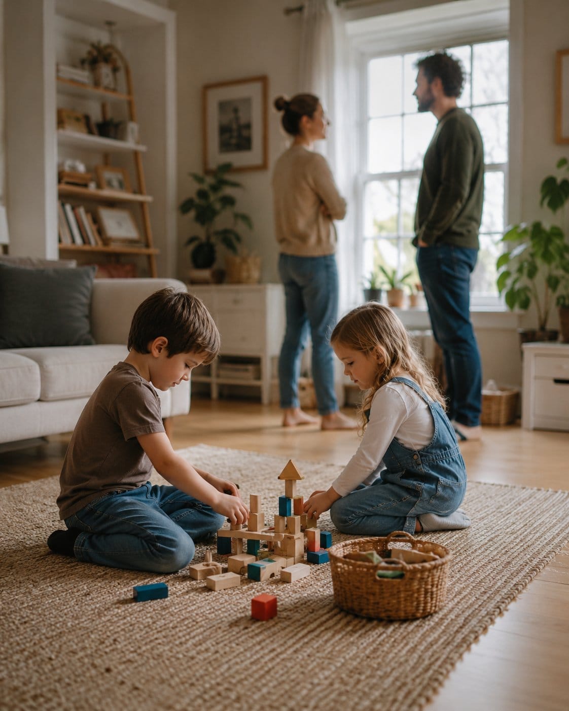 Two kids wooden blocks floor parents background white