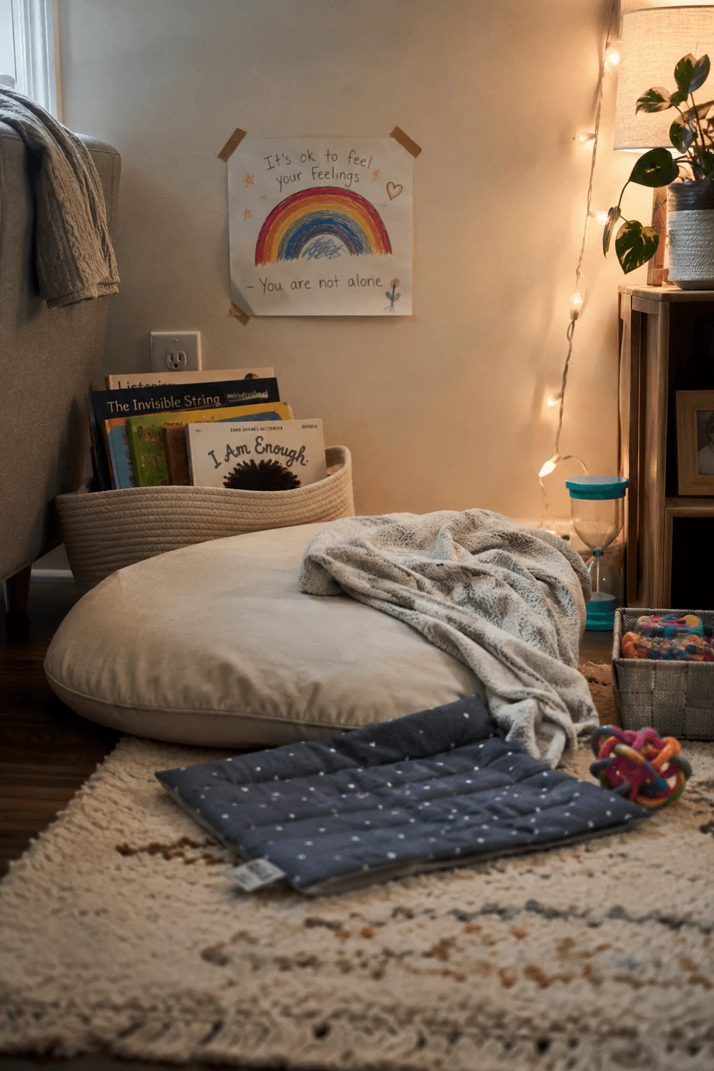 Calm corner with a round floor pillow, folded weighted blanket, rainbow poster and fairy lights