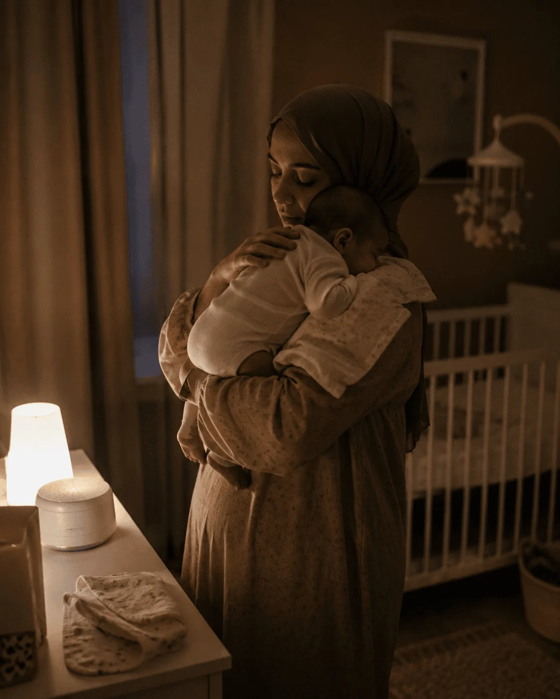 Mother holds her baby in a dim nursery at night beside the crib and a small glowing nightlight