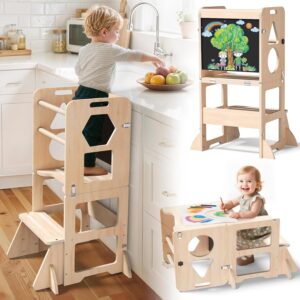 Woodure 4-in-1 Toddler Kitchen Step Stool, Foldable Learning Standing Tower with Blackboard, Wooden…