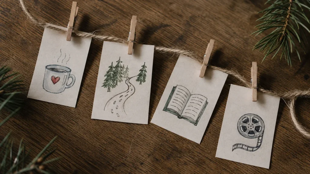 Four hand drawn advent activity cards pegged to a string on a wooden table beside pine branches