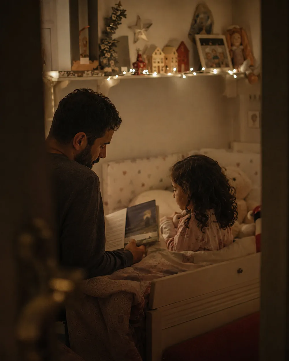 A parent reads a bedtime story to a baby by the light of a Christmas tree