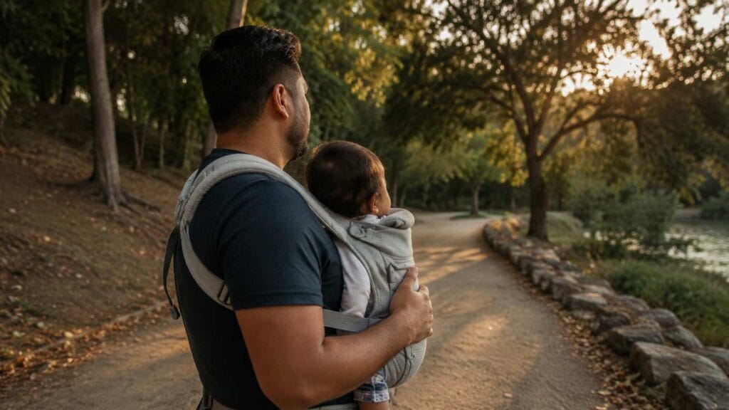 A father walks through a park with his baby held against his chest in a soft carrier