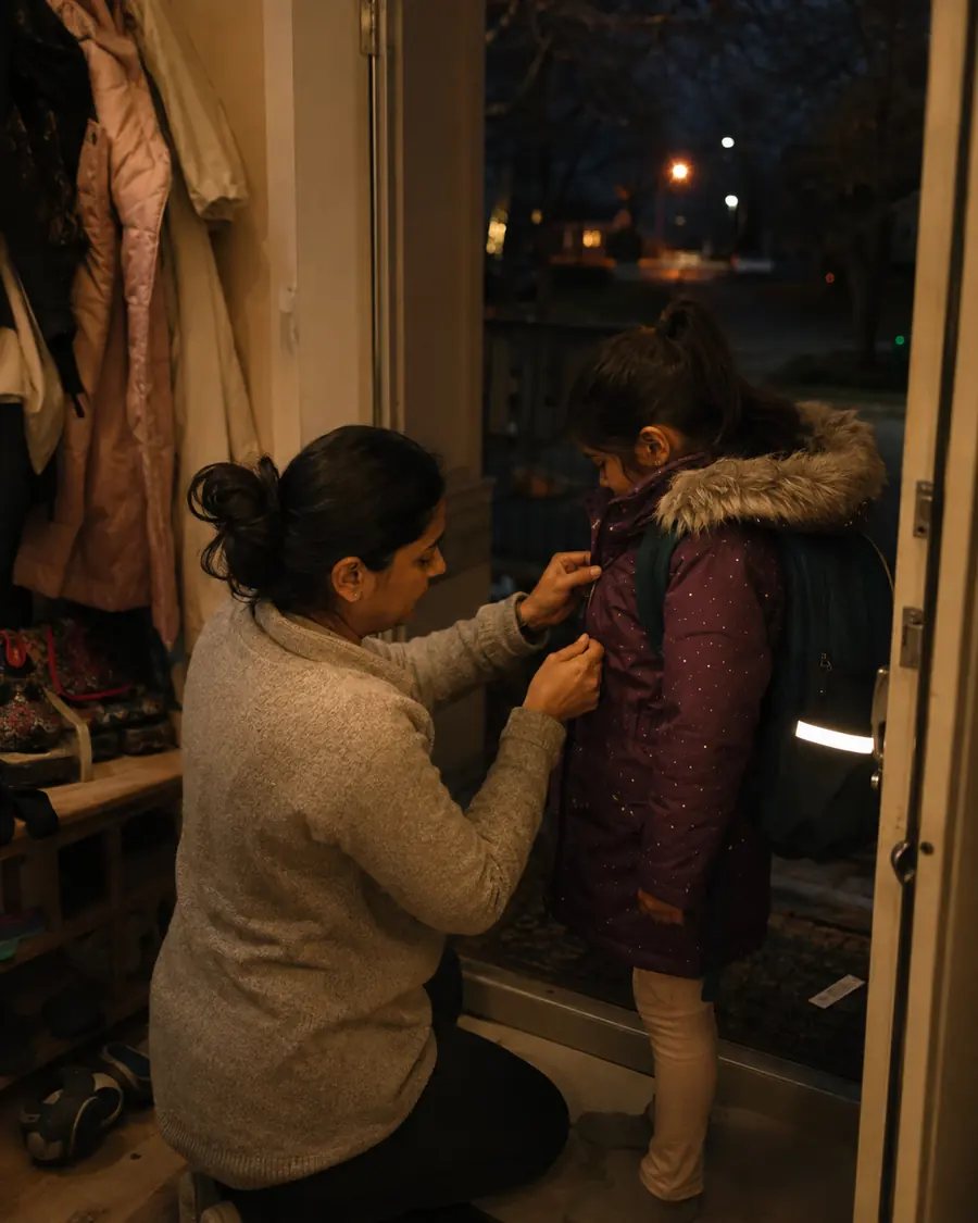 A child wearing a backpack with reflective strips stands in the dark before school