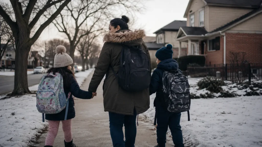 A parent and child walk to school through snow on a dark winter morning