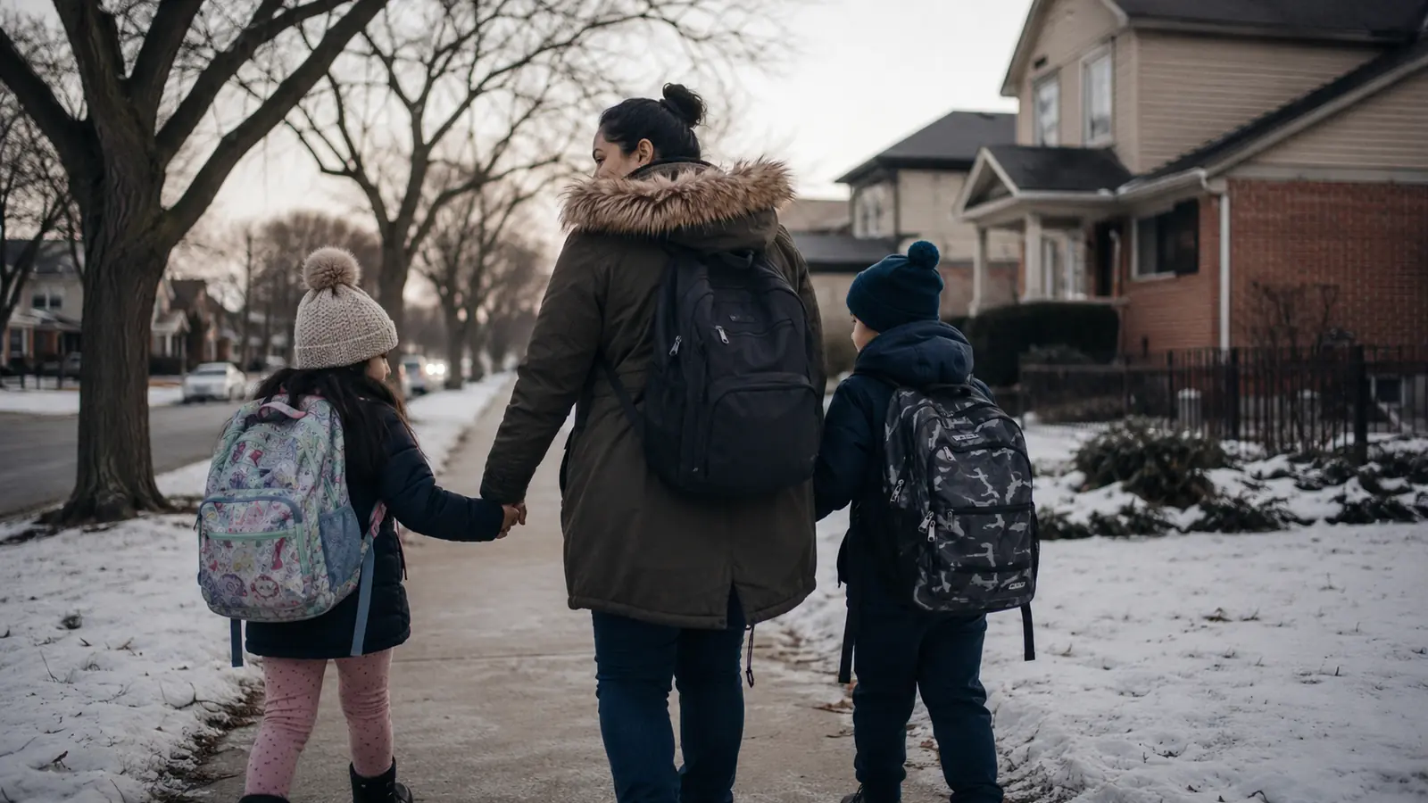A parent and child walk to school through snow on a dark winter morning