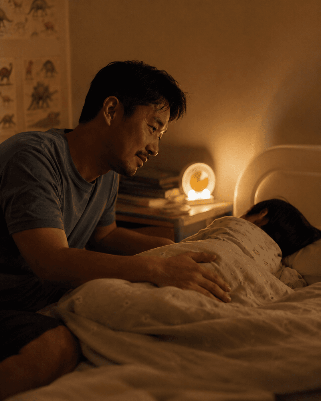 A father saying goodnight to his daughter with a soft night light and a visual timer on the bedside table