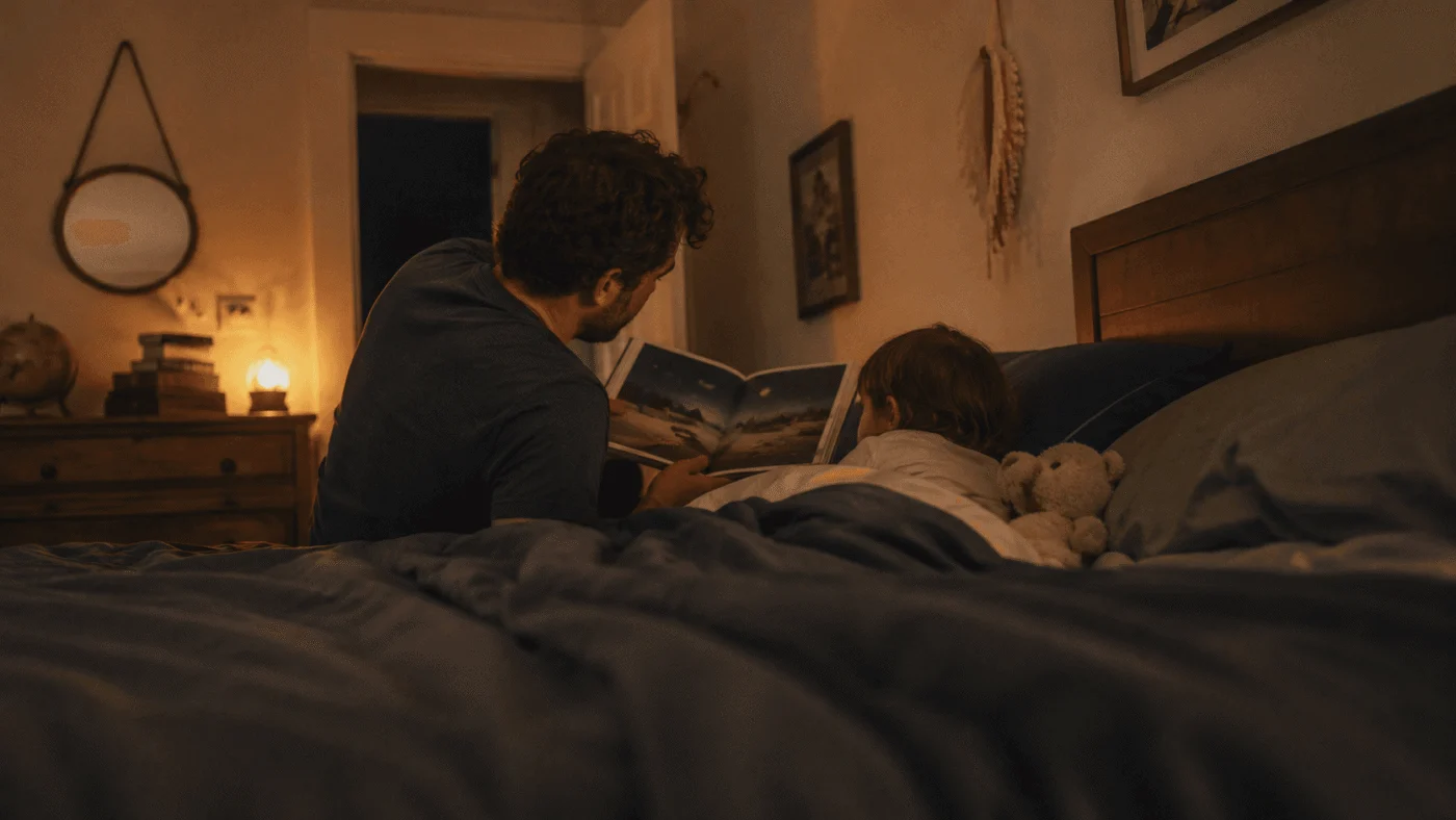 A father sitting on the edge of the bed reading a bedtime story to his son under a warm night lamp