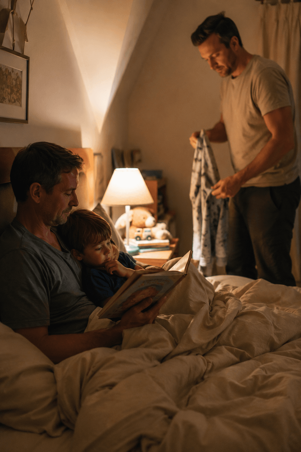 Two dads read a picture book to their toddler under a warm bedside lamp