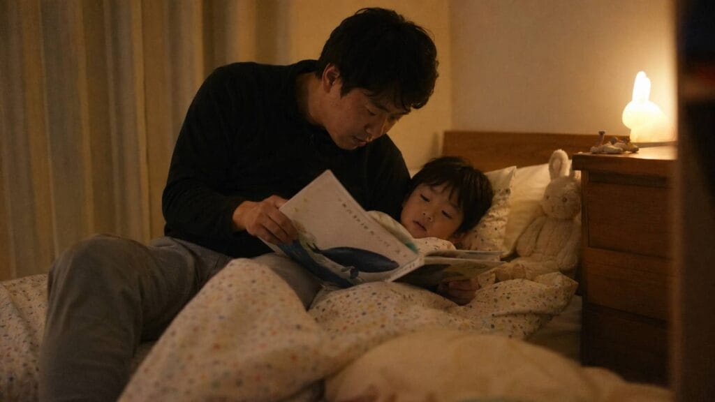 A father reads a picture book to his child by lamplight at bedtime